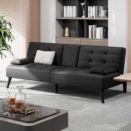 Shintenchi Futon Sofa Bed, Leather Foldable Couch, Reclining Sleeper with Removable Armrests, Upholstered Loveseat Sofa Couch with Folding Cup Holders for Home, Office(Black) Shintenchi