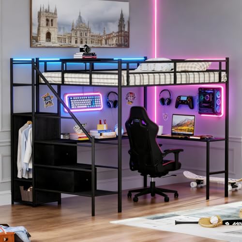 Bellemave Full loft Bed with Storage Stairs, Wardrobe, Shelves, Metal Full Loft Bed Frame with L-Shaped Desk for Adults, Kids, Teens, Black with Charging Cradle Bellemave