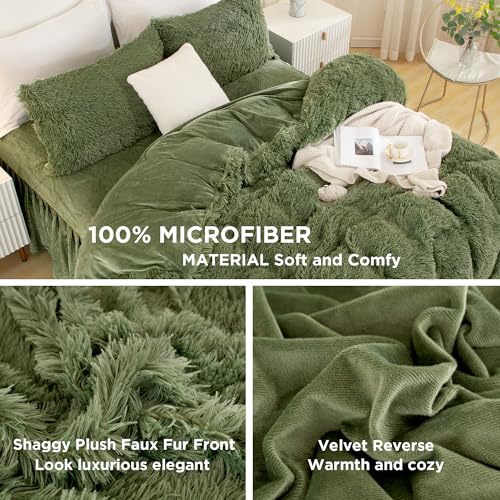 Andency Faux Fur Sage Green Comforter Set Queen Size, 3 Pieces Fluffy Fuzzy Plush Bedding Comforter Set (1 Shaggy Velvet Comforter & 2 Pillowcases), Soft Puffy Comfy Down Comforter Bedding Set