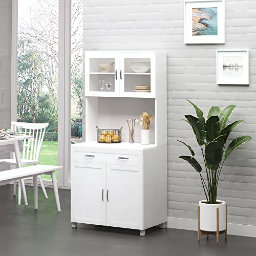 HOMCOM 67" Pantry Cabinet, Modern Kitchen Hutch, Freestanding Storage Cabinet with Glass Doors, Adjustable Shelves and Drawers, White HOMCOM