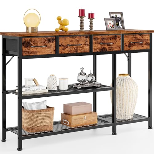 Furnulem Entryway Table 47'' Sofa Console Table with 4 Fabric Drawers, Industrial Entry Way Shoe Rack with Metal Mesh Shelf for Front Door, Foyer Wooden Top, Sturdy Metal Frame, Rustic Brown Furnulem