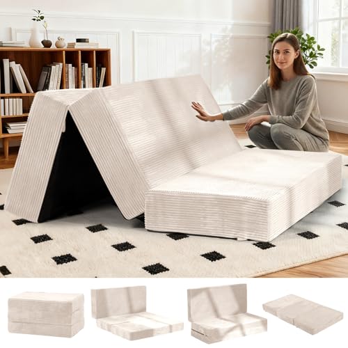 6-Inch Tri-Fold Foldable Mattress, Folding Sofa Bed with Removable Washable Cover, Portable Futon Mattress Full Size Floor Guest Mat with Non-Slip Bottom & Carry Handles for Camping (Beige, Queen) AOLVDOW