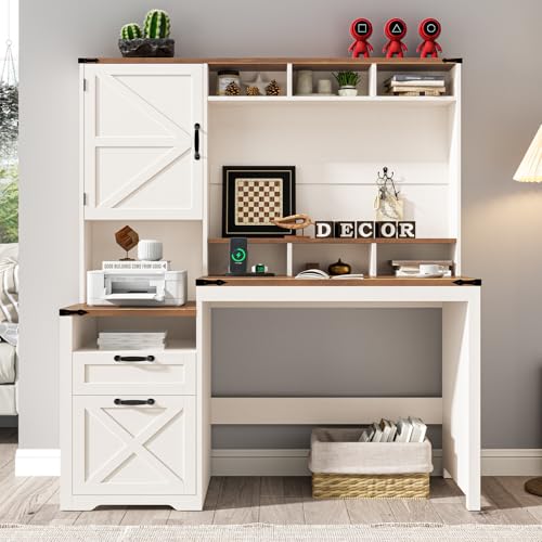 Farmhouse Executive Desk 51" Computer Desk with 2 Drawers Storage Cabinet and Power Outlets Wood Home Office Desk with Hutch & Monitor Stand, Writing Desk Workstation for Bedroom Study, Rustic White Halitaa