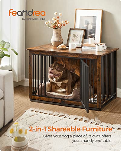 Feandrea Dog Crate Furniture, 38 Inches Dog Kennel for Dogs up to 70 lb, with Removable Tray, Heavy-Duty Dog Cage End Table, Double Doors Dog House, Rustic Brown UPFC013X01 Feandrea