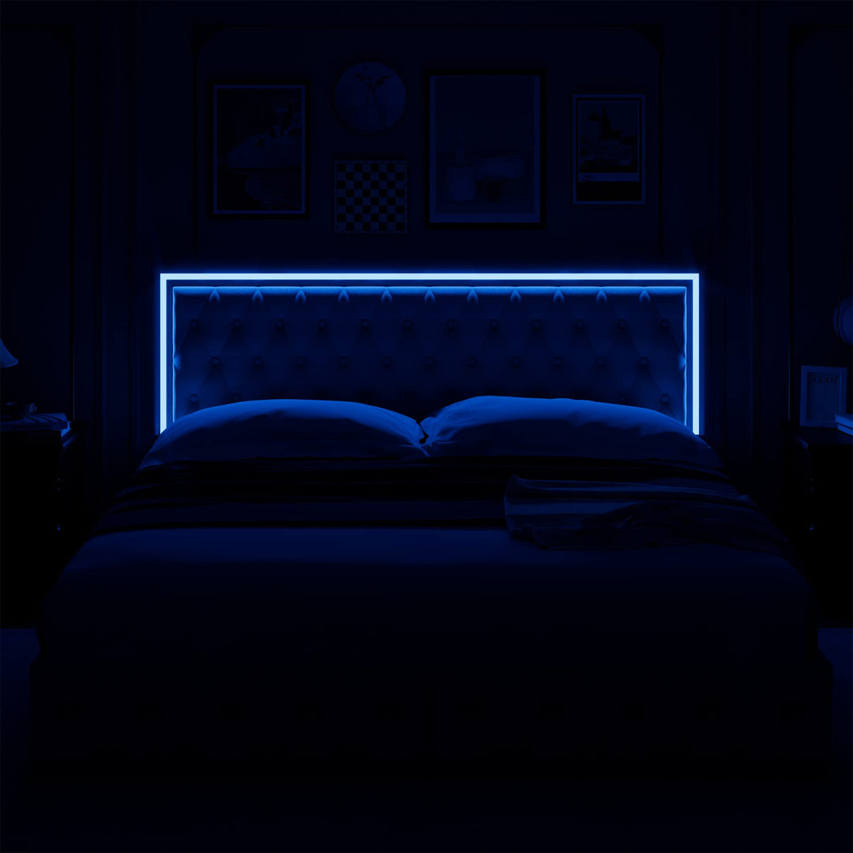 Keyluv Queen Upholstered LED Bed Frame with 4 Drawers, Velvet Platform Storage Bed with Adjustable Button Tufted Headboard and Solid Wooden Slats Support, No Box Spring Needed, Beige Keyluv