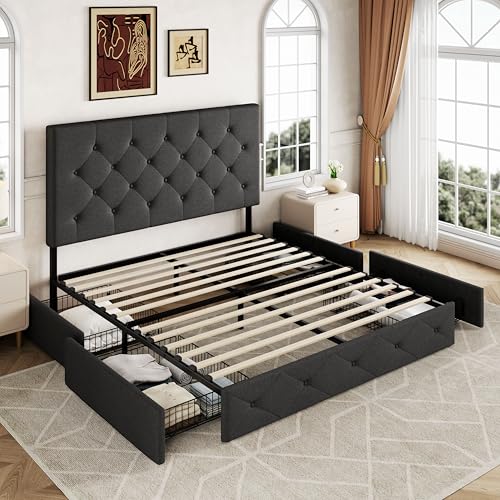 Allewie Upholstered Full Size Platform Bed Frame with 4 Storage Drawers and Headboard, Diamond Stitched Button Tufted, Mattress Foundation with Wooden Slats Support, No Box Spring Needed, Dark Grey Allewie