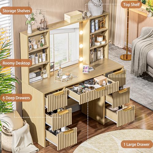 DDONGMM Fluted Vanity Desk with Mirror and 10 Adjustable LED Lights, Modern Makeup Desk with 7 Drawers & 6 Shelves, Dressing Table with Charging Station for Girls, Women, Bedroom, Natural Oak DDONGMM