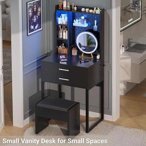 Besiost Small Vanity Desk with Hutch and Drawers, Black Makeup Vanity Desk with Charging Station, Vanity Table Dressing Table with LED Lights, Vanity Desk No Mirror with Pegboard for Girls Women, 24" Besiost
