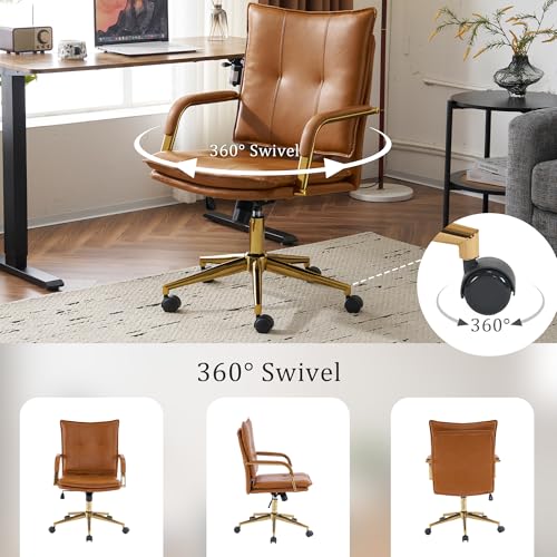 MOJAY Office Chair, Leather Desk Chair, Brown Desk Chair, Mid Century Modern Office Chair, Swivel Comfy Upholstered Executive Desk Chair with Gold Legs and Armrests for Home, Office (Camel&Golden) MOJAY