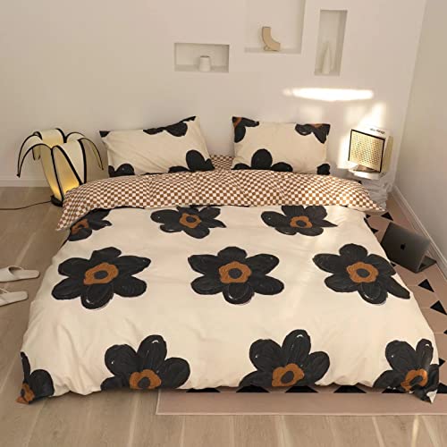 Wellboo Black Floral Comforter Sets Twin Women Girls White and Black Botanical Bedding Sets Cotton Beige Black Sunflower Quilts Teens 3D Large Flower Quilts Watercolor Boho Garden Bohemian Bedding Wellboo