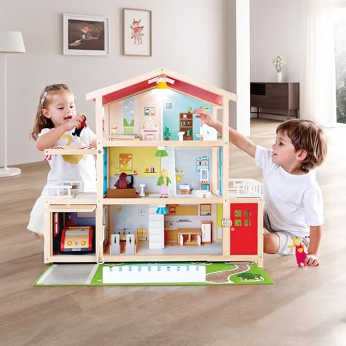 Hape Doll Family Mansion| Award Winning 10 Bedroom Doll House, Wooden Play Mansion with Accessories for Ages 3+ Years Multicolor, L: 31.6, W: 11.4, H: 28.4 inch Hape