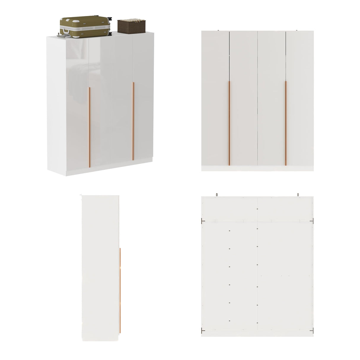 Homsee 63" W Wardrobe Closet Armoire with 4 Glossy Doors, Wooden Bedroom Clothing Storage Cabinet with 3 Hanging Rods & 10 Storage Compartments, White Homsee