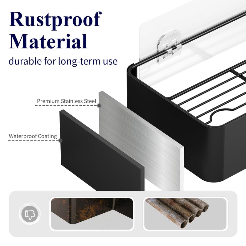Kitsure Shower Caddy - 2 Pack Rustproof Shower Organizer, Drill-Free & Quick-Dry Shower Shelf for Inside Shower with Large Capacity, Durable Stainless Steel Shower Rack with 4 Hooks, Black Kitsure