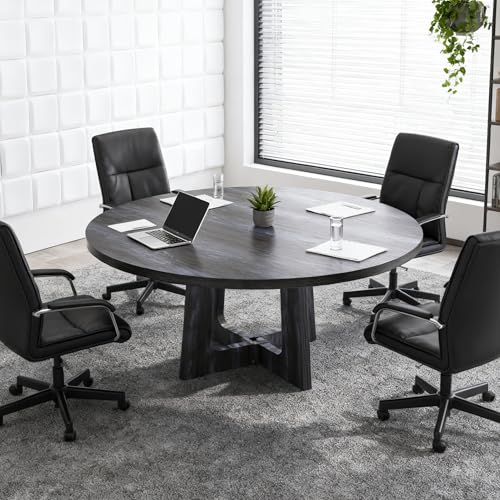47-Inch Round Conference Table Wooden Wood Base, Modern Wooden Conference Table for 4-6 People, Easy Assembly Boardroom Table (Black) TMGSK