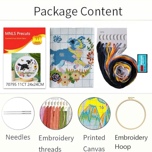Zhenqing Collie Dog Cross Stitch Kit with Floral Garden, 11CT Printed 24x24cm, Beginner Embroidery Set Including 20cm Hoop(70795)