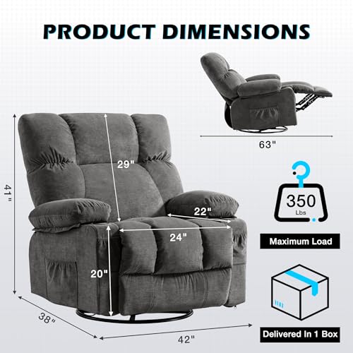 MAHOMICO Recliner Chair Oversized Swivel Rocker with Vibration Massage & Lumbar Heating, 360° Swivel, USB Charging Port, Cup Holders & Side Pocket for Living Room