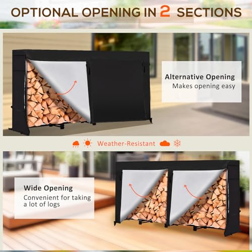 LOENIY 8ft Firewood Rack Outdoor with Waterproof Widened Cover, Heavy Duty Firewood Holder includes 2 Lateral Rods, Powder-coated Wood Rack with LOENIY