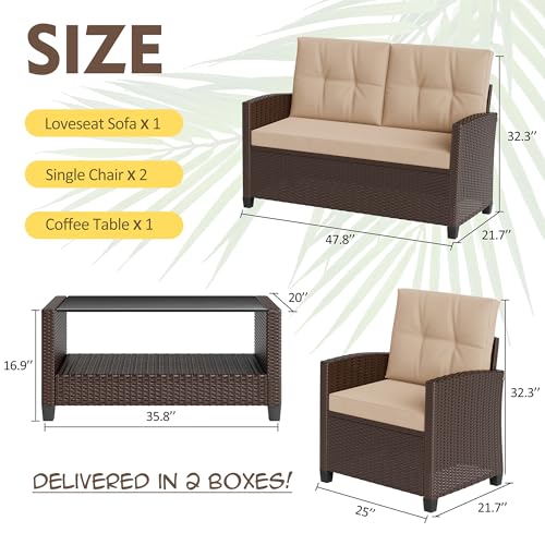 Shintenchi 4 Piece Patio Furniture Set, Outdoor Rattan Conversation Set with Coffee Table, Outside Wicker Sectional Sofa Couch with Cushion, Brown and Khaki Shintenchi