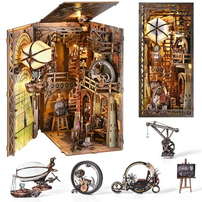 TOYQI Book Nook Kit, Book Nook Kits for Adults, DIY Miniature Dollhouse Kit 3D Wooden Puzzle Booknook Bookend with LED Light