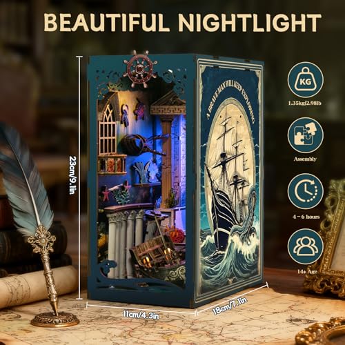 Book Nook Kits for Adults - Ocean Mystery 3D Puzzle with LED | Pirate Shipwreck Diorama & Seashell Decor | Unique Gifts for Adventure Lovers (Blue)