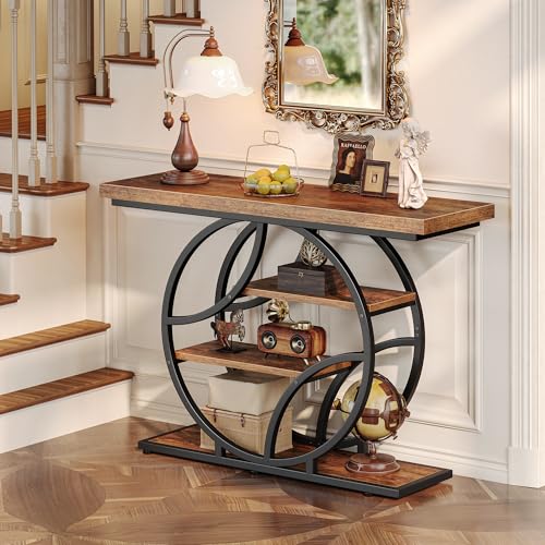 Huuger 41.3 Inch Entryway Table, Industrial Console Sofa Table with Storage, Accent Table with Shelves, for Entry, Hallway, Entrance, Foyer, O-Shaped Metal Frame, Rustic Brown Huuger