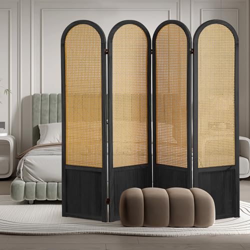 ALeesing 4 Panel Room Dividers and Folding Privacy Screens, Hand-Made Rattan Room Divider with Bi-Directional Hinge, Pre-Assembled Wood Room Divider Wall for Home Office Bedroom, Black ALeesing