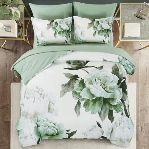 Dobuyly Green Queen Comforter Set 7 Piece Bed in a Bag Queen, Sage Green Floral Printed Comforter Set with Sheets, Soft Microfiber Botanical Flower Complete Bedding Set for All Season Dobuyly