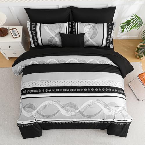 Anibedding Black Comforter Set King Size,8 Pieces Boho Bed in a Bag Patchwork Striped Comforter Set, Soft Microfiber Bedding Set for All Season(104"×90") Anibedding