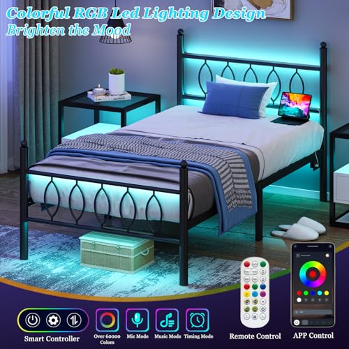 Samurbex Twin Size Bed Frame with Headboard,Black Metal Platform Bed Frame Twin Size with Charging Station & LED Lights,12-Inch Under Bed Storage,No Box Spring Needed,Noise Free,Easy to Assemble Samurbex