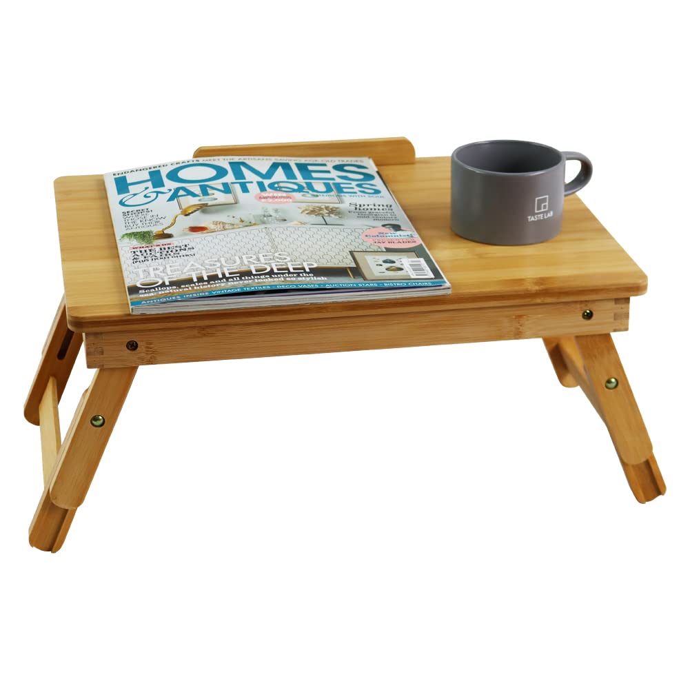 WKWKER Bamboo Laptop Desk with Folding Legs Tilting Surface Workstation Table Adjustable Laptop Stand Bed Tray for tv Sofa Study Computer Ipad Book (Natural) WKWKER