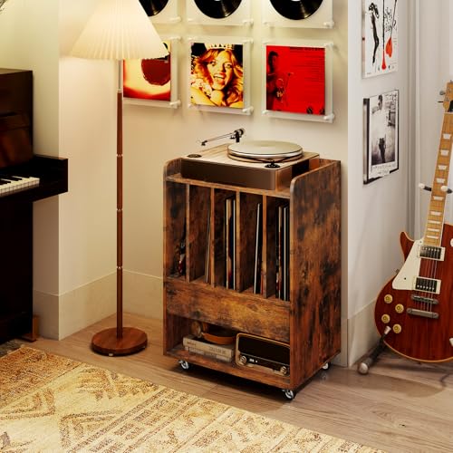 Giantex Record Player Stand, Rolling Turntable Stand with Drawer & Lockable Wheels, Record Player Table Holds Up to 150 Albums, Vinyl Record Storage for Living Room Bedroom, Rustic Brown Giantex