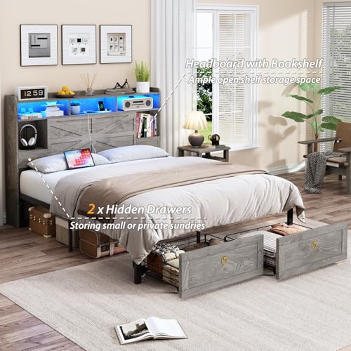 TIGUBFRE Queen Bed Frame with Storage Headboard, Farmhouse Wood Bed Frame Queen Size with 4 Drawers, LED Light & Charging Station, Metal Slats Support, Noise Free, No Box Spring Needed, Rustic Gray TIGUBFRE