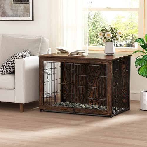 Megidok Wooden Dog Crate Furniture with Cushion, Dog Crate End Table with Tray, Double Doors Dog Crate Furniture Style, Decorative Dog Kennels Indoor (37" L*25" W*26" H, Rustic Style) Megidok
