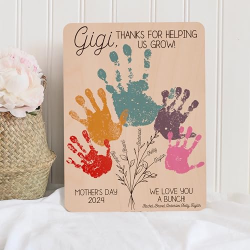 Personalized DIY Flower Handprint Wooden Sign Gifts for Nana & Mom, Customized Mother's Day Wood Wall Art Gift for Grandma & Mama Generic