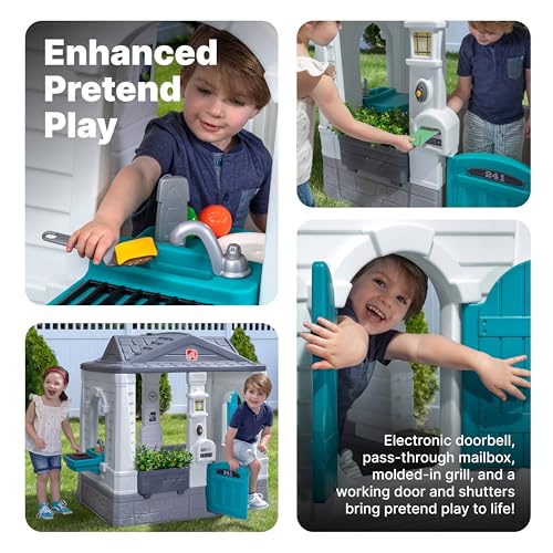 Step2 Neat & Tidy Cottage Kids Playhouse, Indoor and Outdoor Playset, Interactive Sounds, Toddlers 1.5+ Years Old, Easy to Assemble Backyard Discovery Playhouse, Grey Step2