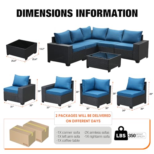 JOYURE 6 Pieces Patio Furniture set All-Weather Outdoor Wicker Sectional Conversation Sofa Rattan patio seating sofa with cushion and Glass Table for Porch Poolside,Peacock Blue JOYURE