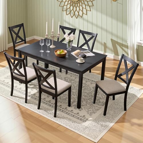 LUXOAK 7-Piece Solid Wood Dining Table Set, 60" Farmhouse Dining Table with 6 Chairs, Rectangular Table Set for 6, Kitchen & Dining Room Furniture, Grey & White LUXOAK