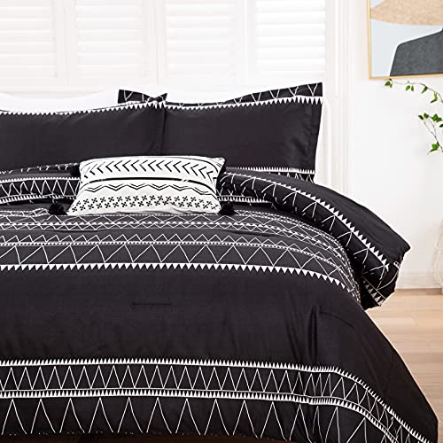 WONGS BEDDING Black Comforter Set King Size (104"x 90"), Reversible Boho Striped Bedding Set for King Bed - 3 Pieces (1 Comforter + 2 Pillowcases), Soft Microfiber Down Alternative WONGS BEDDING