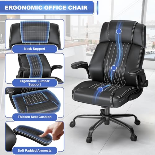 Keratee Executive Office Chair with Lumbar Support, High Back Leather Ergonomic Computer Desk Chairs with Flip-up Arms, 360° Swivel and Height Adjustable, Rocking Function, for Home, Office, Black Keratee