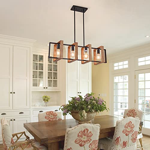 Dining Room Light Fixture Farmhouse Pendant Lights Kitchen Island Rustic Kitchen Light Fixtures 4 Lights Wood and Black Metal Rectangular Chandelier Ceiling Hanging Lighting 35.4" Poroulux