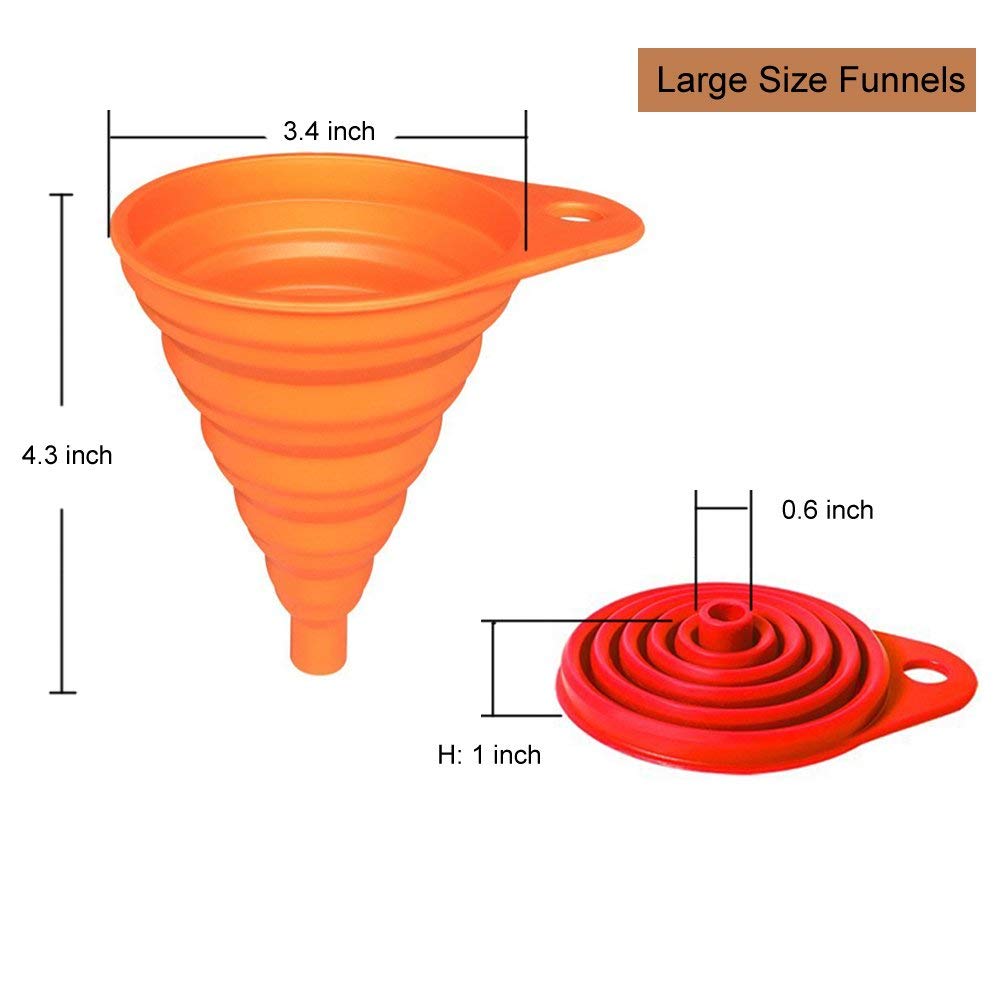 KongNai Kitchen Funnel Set 4 Pack, Small and Large, Kitchen Gadgets Accessories Foldable Silicone Collapsible Funnels for Filling Water Bottle Liquid Transfer Food Grade KongNai