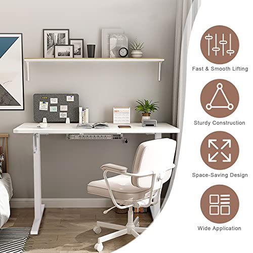 Sit to Stand Workstation Frame, Manual Height Adjustable Standing Desk Frame w/ Foldable Hand Crank, Cable Tray & Hanging Hook, Adjustable Footpads, Ergonomic Desk Frame for Home Office, Black (WHITE) MEDIMALL