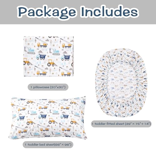 lasoftan Kids Sheet Set Twin Size 3 Pcs, Boys Sheet Set with Blue Excavator Car Pattern,Kids Boys Twin Fitted Sheet,Breathable & Silky Soft Microfiber Fitted Sheet lasoftan
