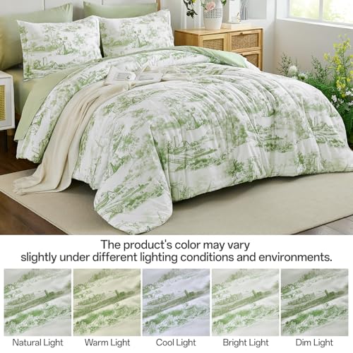 Green Comforter Set Full Size 7 Pieces, Elegant French Toile Botanical Bed in a Bag, Soft Microfiber Farmhouse Complete Bedding Set for All Season WONGS BEDDING