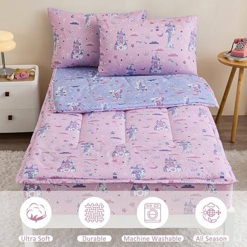 Anibedding 3Pcs Zip Up Bedding Comforter Set for Girls, Pink Castle All in One Zipper Twin Bedding Set with Pillowcase for Kids Anibedding