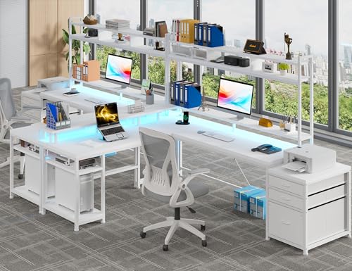 EnHomee Computer Desk with Drawers 66" Reversible Gaming Computer Desk with LED Light & Power Outlets White L Shaped Gaming Desk with Monitor Stand & Shelves Home Office Desks for Gaming Room EnHomee