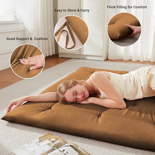 Mollydot Japanese Floor Futon Mattress Queen Size 60"x 80", Foldable Bed Mattress, Portable Tatami Mat Sleeping Pad, Folding Futon Cushion, Roll Up Floor Lounger for Guest Room Dormitory (Brown) Mollydot