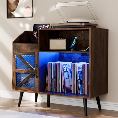Loomie Large Rustic Record Player Stand with Power Outlet & LED Light, 350 Vinyl Record Storage Cabinet with Magnetic Door, Turntable Table with Wood Legs for Living Room (Rustic)