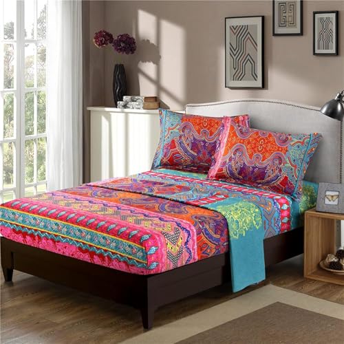 Boho Sheet Set California King Size, 4PCS Bohemian Colorful Tribal 16 Inch Deep Pocket Boho Indian Bedding Sheets, Soft Microfiber Bed Sheet Set Cal king(1 Fitted Sheet, 1 Flat Sheet, 2 Pillowcases) DJY