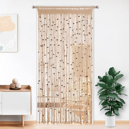 BECHAEO Macrame Beaded Curtain Boho Handmade Cotton Door String Curtain for Doorway Window Wooden Beads Hanging Hippie Room Divider Closet Bedroom Privacy Decor, 2 Panels 79" x 35" BECHAEO